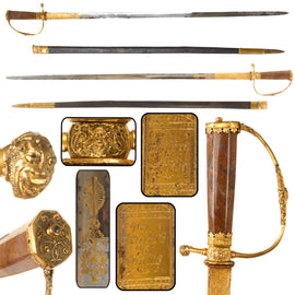 Original Continental European 18th Century Gilt Brass Hunting Sword with Faceted Agate Grip, Etched and Gilt “NEC TEMERE NEC TIMIDE” Blade and Scabbard