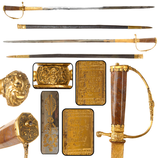 Original Continental European 18th Century Gilt Brass Hunting Sword with Faceted Agate Grip, Etched and Gilt “NEC TEMERE NEC TIMIDE” Blade and Scabbard Original Items