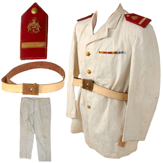 Original Spanish Civil War Veteran Franco-Era White Civil or State Uniform Jacket, Trousers, and Belt with Shoulder Boards and Four-Place Ribbon Bar