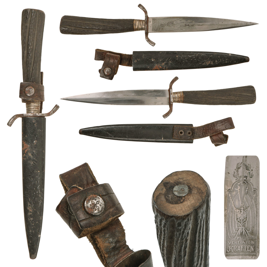 Original Imperial German WWI Hunting Style Stag Handle Trench Fighting Knife with Etched Blade & Scabbard with Securing Strap Belt Loop Original Items