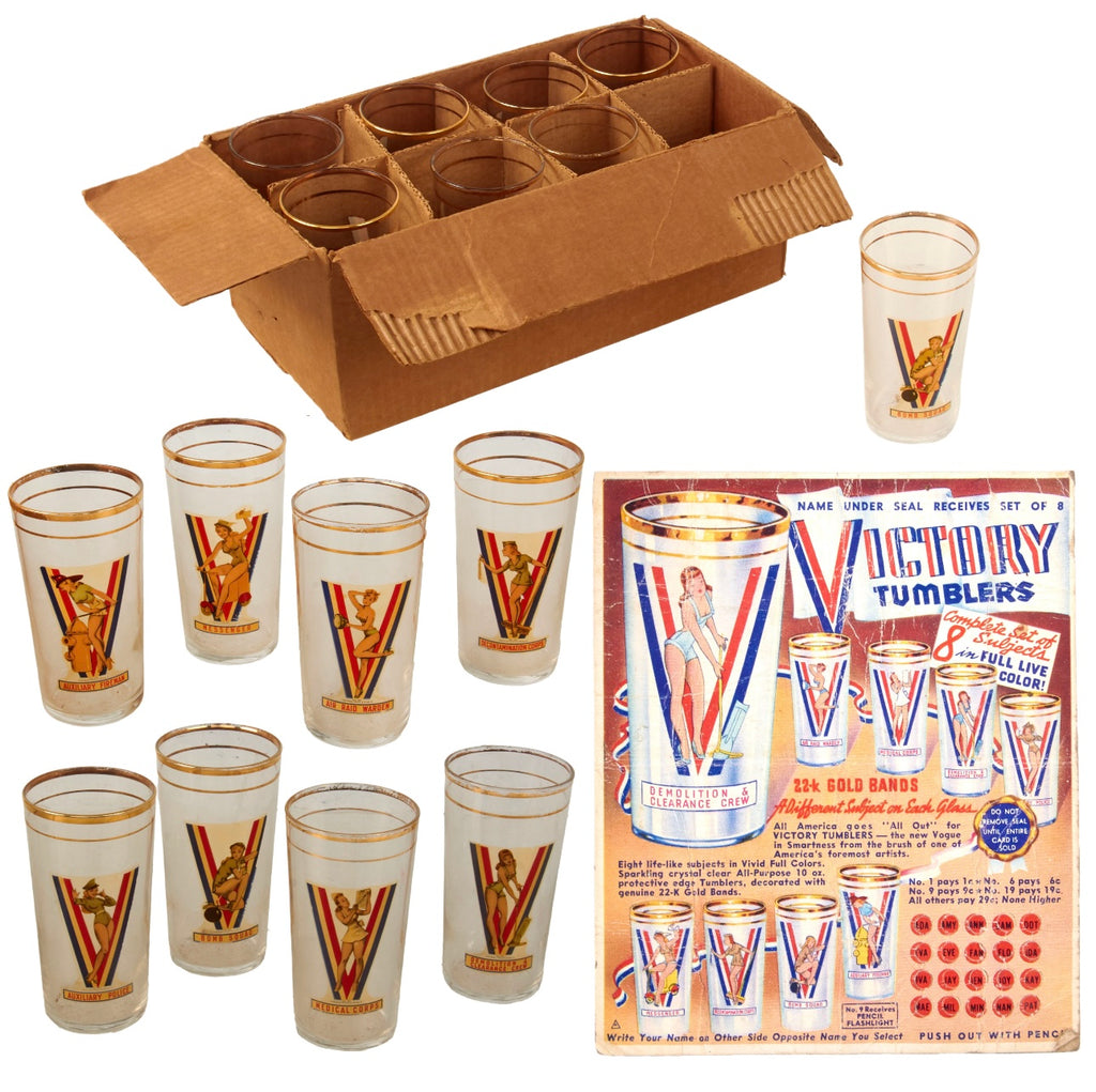 Original U.S. WWII Homefront Set of Eight “Victory Tumblers” Patriotic Drinking Glasses with Pin-Up Girls & 22k Gold Bands in Original Box with Advertising Card - Outstanding Display Original Items