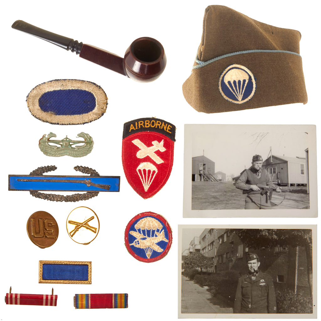 Original U.S. WWII Airborne Garrison Cap, Insignia, & Photograph Grouping with Smoking Pipe - 517th PIR Oval - Unnamed