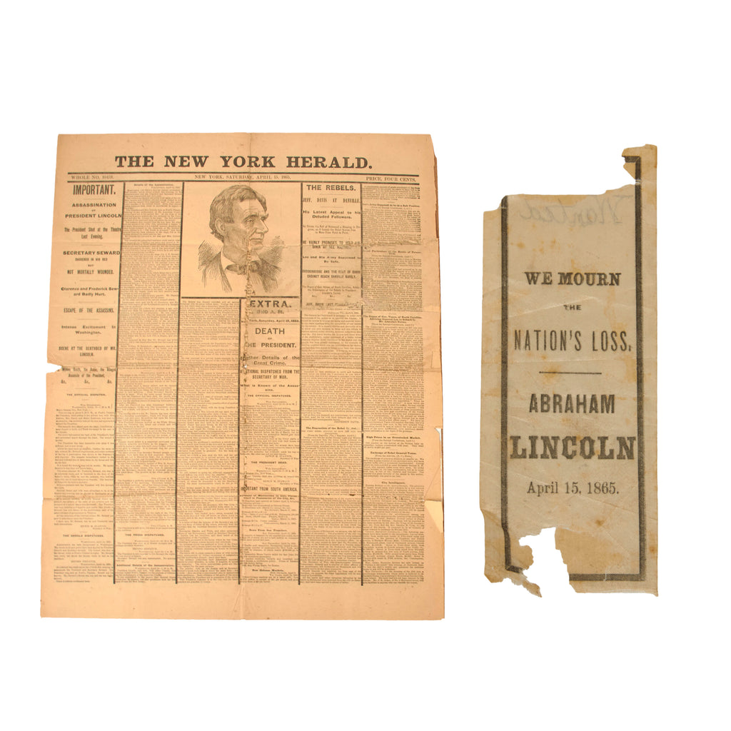 Original U.S. Civil War President Abraham Lincoln Mourning Ribbon with 1900 Reprint of New York Herald Assassination Newspaper