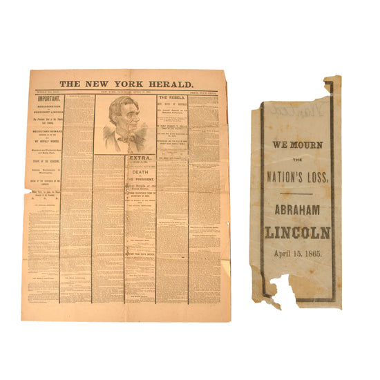 Original U.S. Civil War President Abraham Lincoln Mourning Ribbon with 1900 Reprint of New York Herald Assassination Newspaper