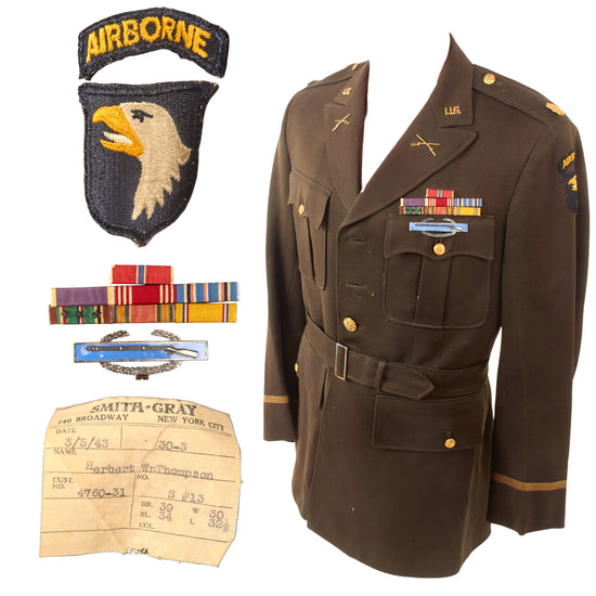 Original U.S. WWII 101st Airborne Infantry Major’s Uniform Jacket with White Tongue 101st Eagle Patch & Ribbon Bar - Named Herbert Wn Thompson Original Items