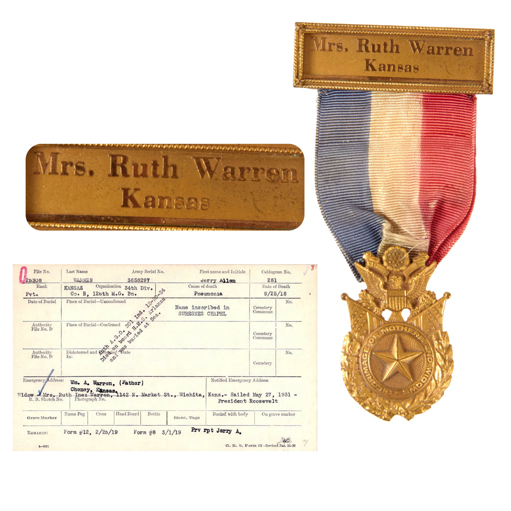 Original U.S. WWI Gold Star Mother’s Pilgrimage Medal for Pilgrimage to Europe - Mrs. Ruth Warren of Kansas - Private Jerry Allen Warren, Died of Pneumonia Original Items