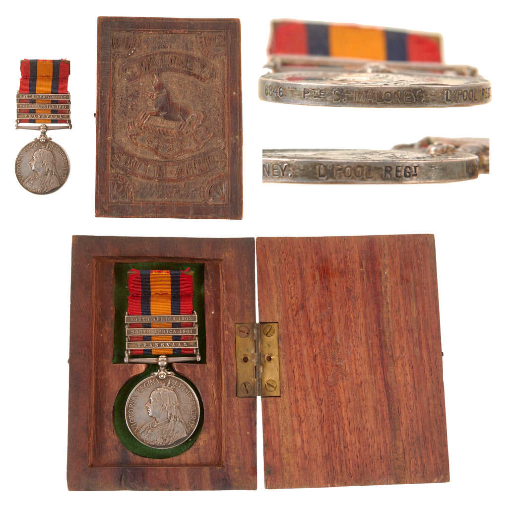Original British Second Boer War Named Version Three Queen's South Africa Medal in Custom “Trench Art” Carved Wooden Display Box - Three Clasps Original Items