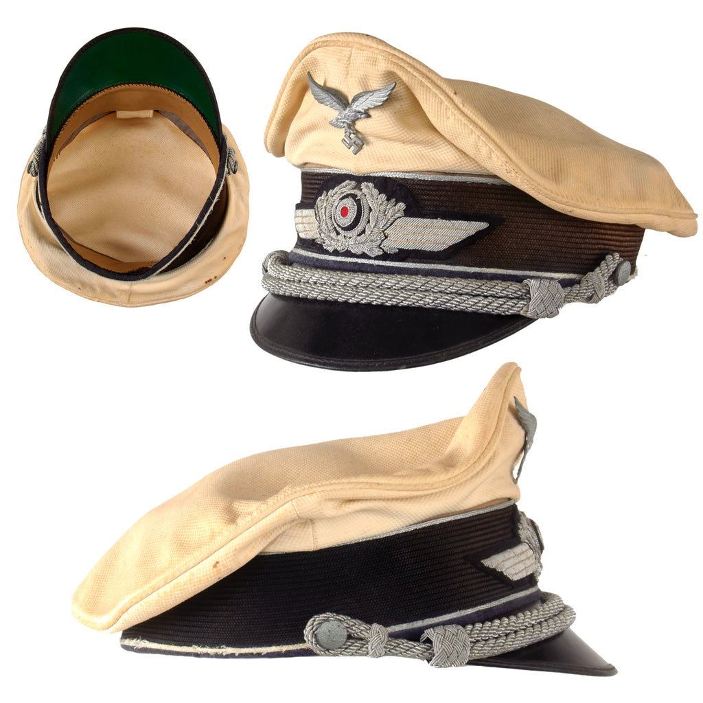 Original German WWII Luftwaffe Officer White Summer Weight Schirmmütze Visor Cap with Embroidered Bullion Wreath an Cockade Original Items