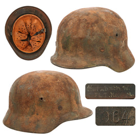 Original German WWII Heer Army No Decal M40 Sawdust Textured Camouflage Helmet with 1943 Dated 57cm Liner - Stamped Q64