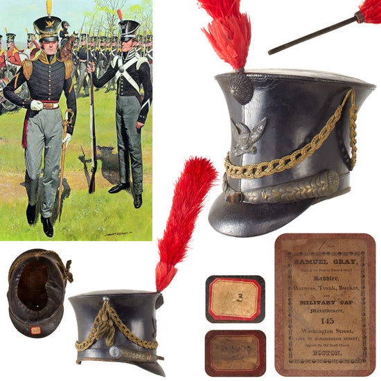Original U.S. Seminole Wars Era Model 1824 Bell Crown “Tar Bucket” Shako with Chinscales, Cords, and Original Plume with Whale Baleine Stem by Samuel Gray of Boston - Excellent Original Items