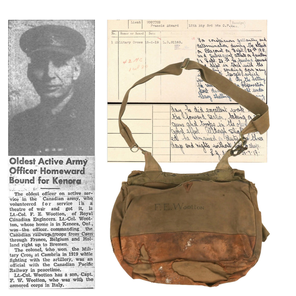 Original Canadian WWI Musette Bag Named to Military Cross Recipient Francis Edward Wootton OBE - Oldest Active Serving Canadian Officer Serving in a Theater of War During WWII Original Items