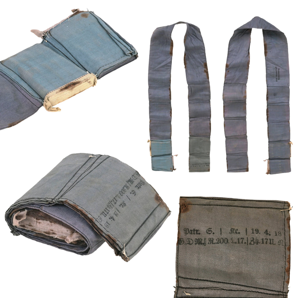 Original Imperial German WWI Incredibly Scarce Blue Cloth Bandolier with Two Unopened Compartments - Dated April 1918 Original Items