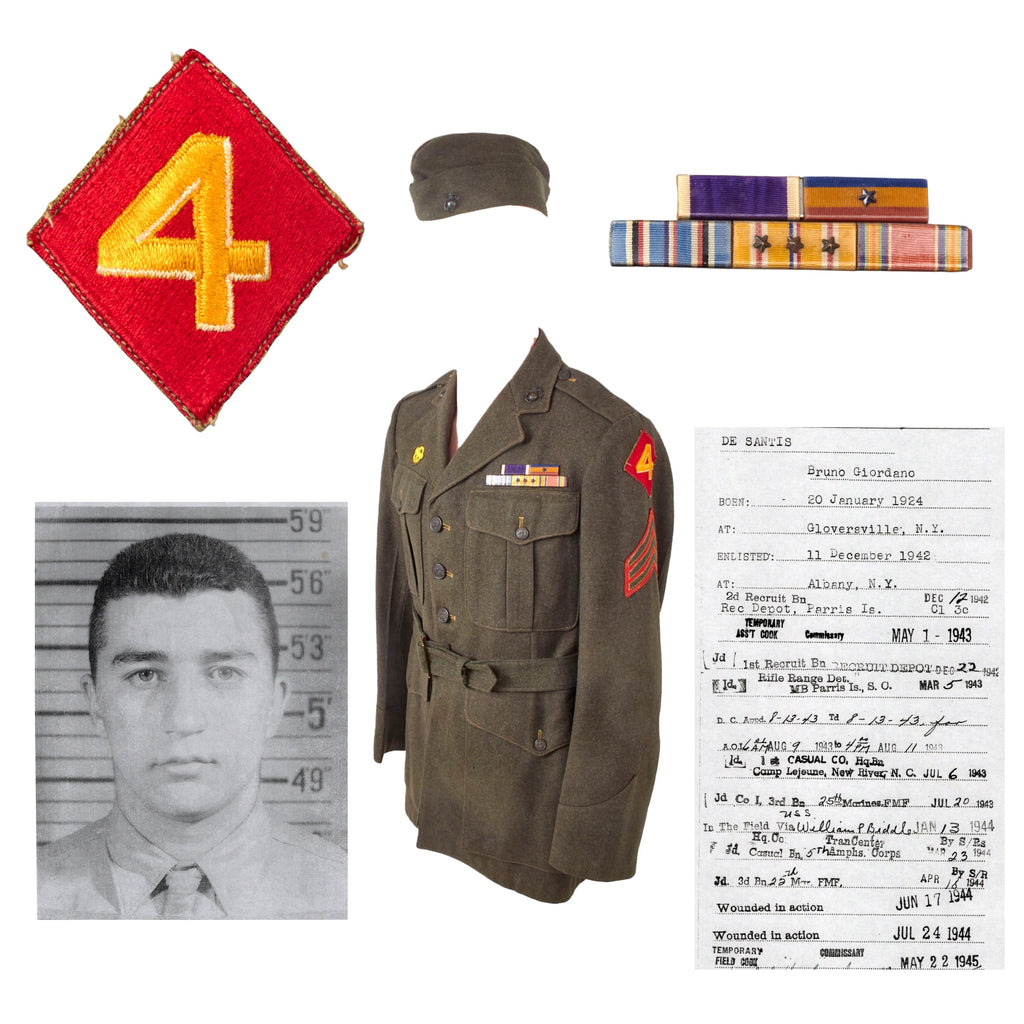 Original U.S. WWII Named 4th Marine Division Uniform & Overseas Cap to Twice-Wounded Sergeant Bruno G. DeSantis with Folder of Research - Wounded by Shrapnel on Tinian Island Original Items