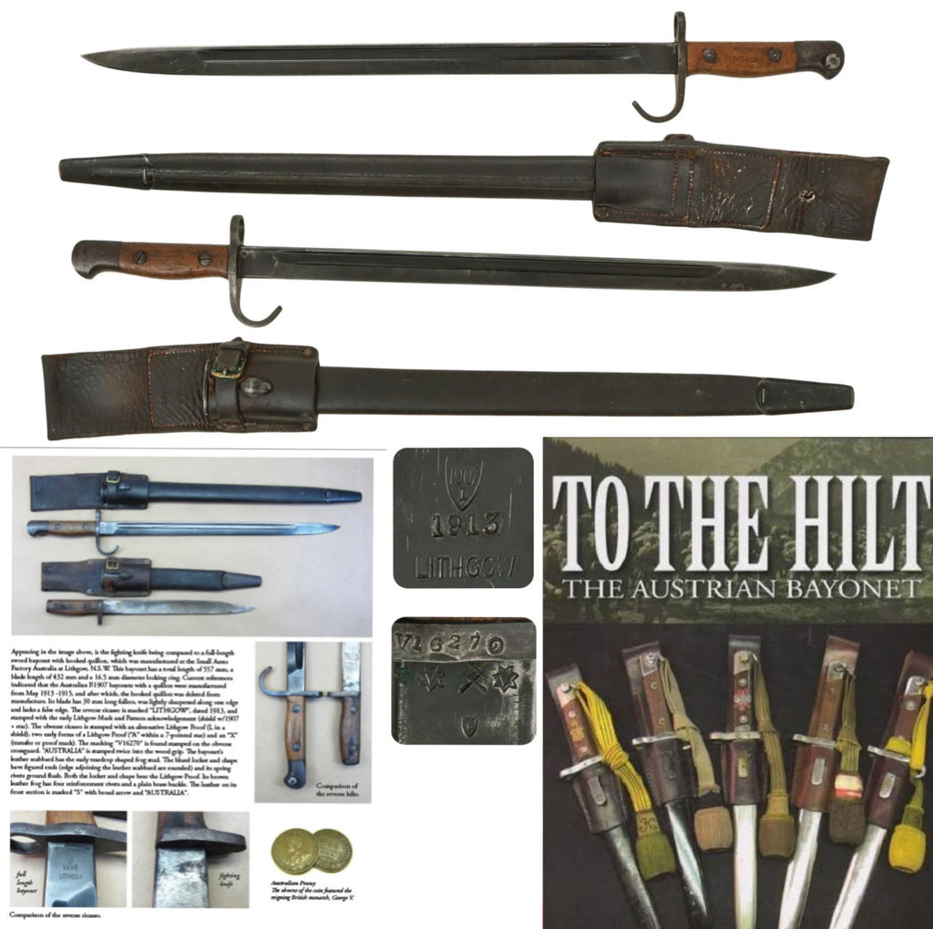 Original WWI ANZAC Australian Lithgow P1907 SMLE Bayonet No.1 Mk.I with Hooked Quillion Dated 1913 with Scabbard and Frog - Featured in Book “To The Hilt The Austrian Bayonet” Original Items