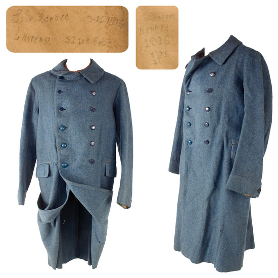Original French WWI Rare Enlisted M1915 Horizon Blue Wool Greatcoat - Named to 51st Poilu Soldier Original Items