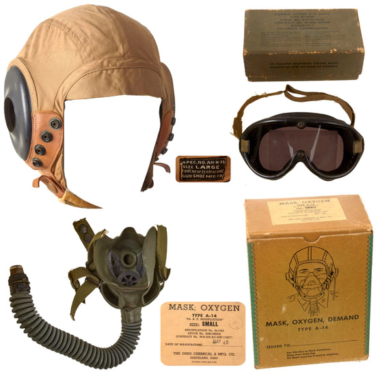 Original U.S. WWII Army Air Forces Aviator Flight Helmet Set - Polaroid B-8 Goggles in Box, A-14 Mask in Box, & AN-H-15 Helmet