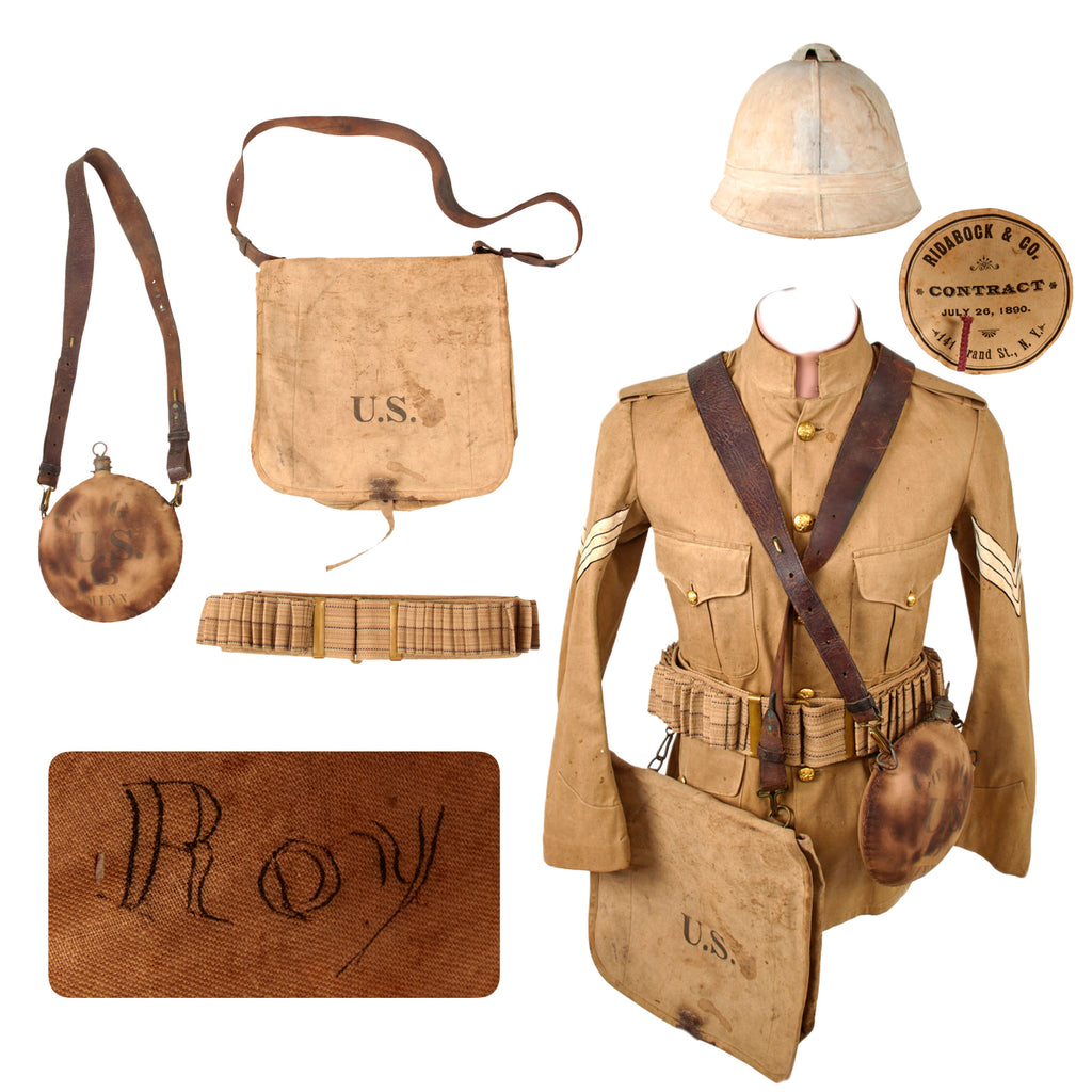Original U.S. Philippine Insurrection / SAW Infantry Uniform & Field Gear Set - Sergeant’s M1898 Tropical Coat & M1880 Sun Helmet with M1878 Haversack & Canteen and Krag 100-Round Double Ammunition Belt Original Items