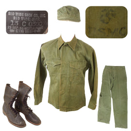 Original U.S. 1950s Era Marine Corps Uniform Set with USMC P-1951 Combat Boots, P-58 HBT Utility Shirt, Trousers, & Cap