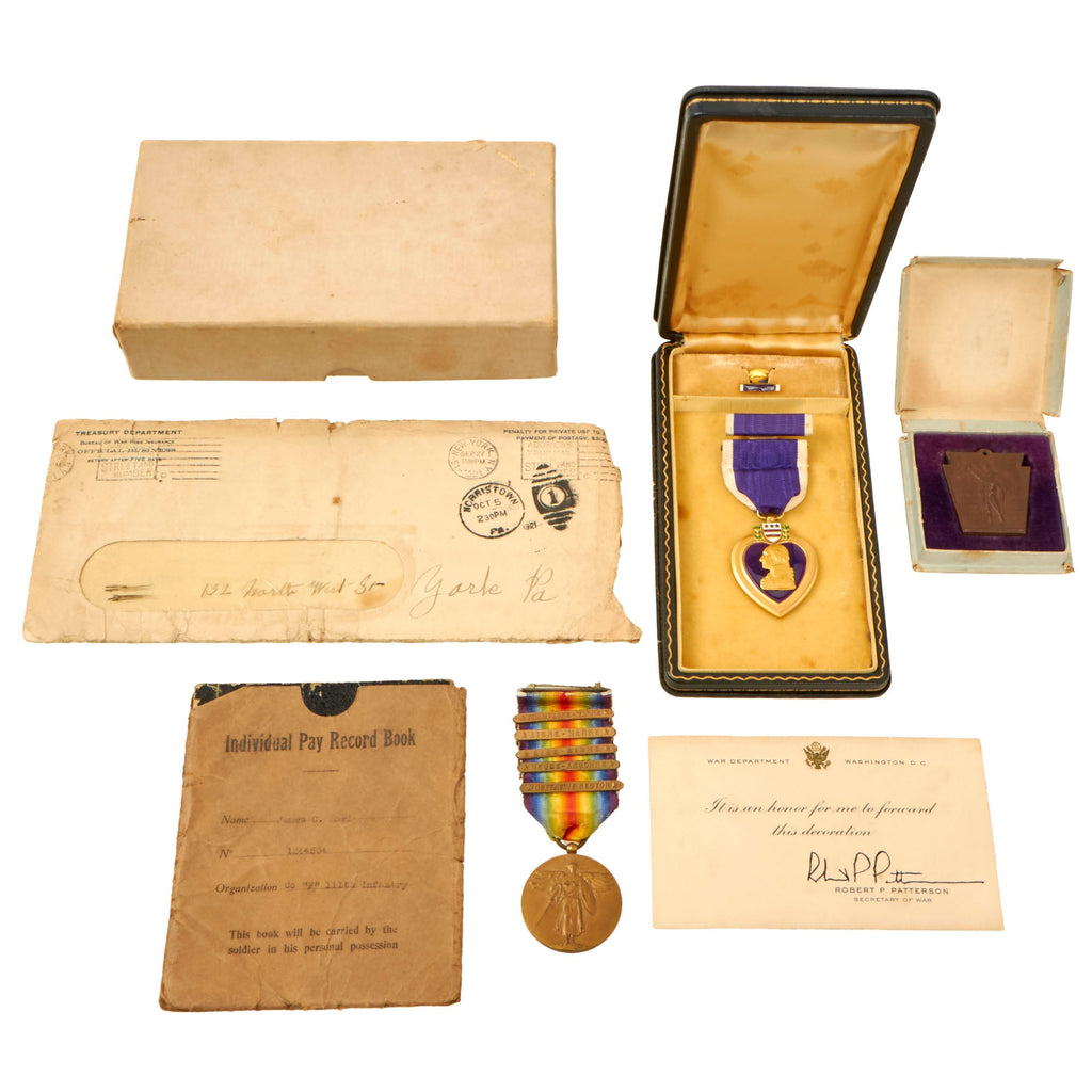 Original U.S. WWI 28th Division Purple Heart & Victory Medal Grouping Named to Two Men from Company F, 111th Infantry Regiment Original Items