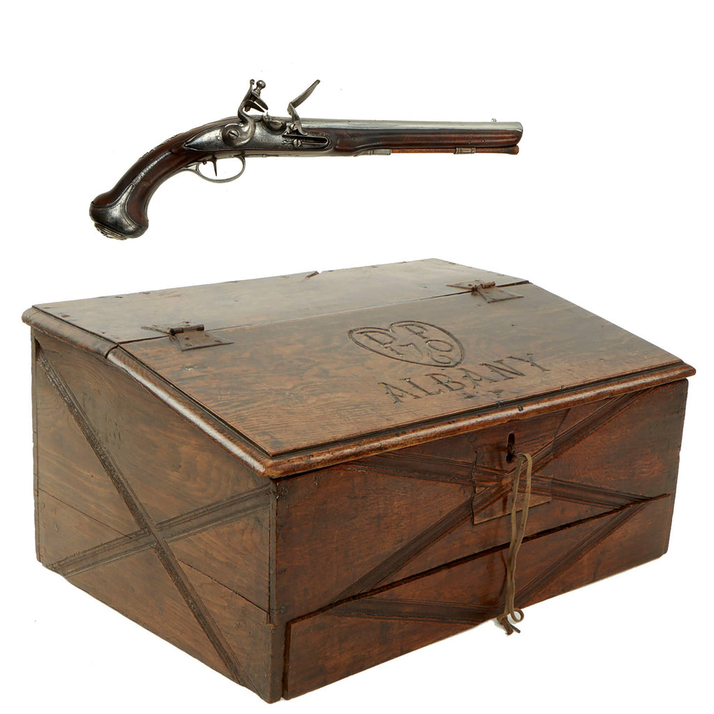 Original 17th Century English Portable Accounts Desk for Albany, N.Y. with Flintlock Holster Pistol by Collumbell Stored Inside Original Items
