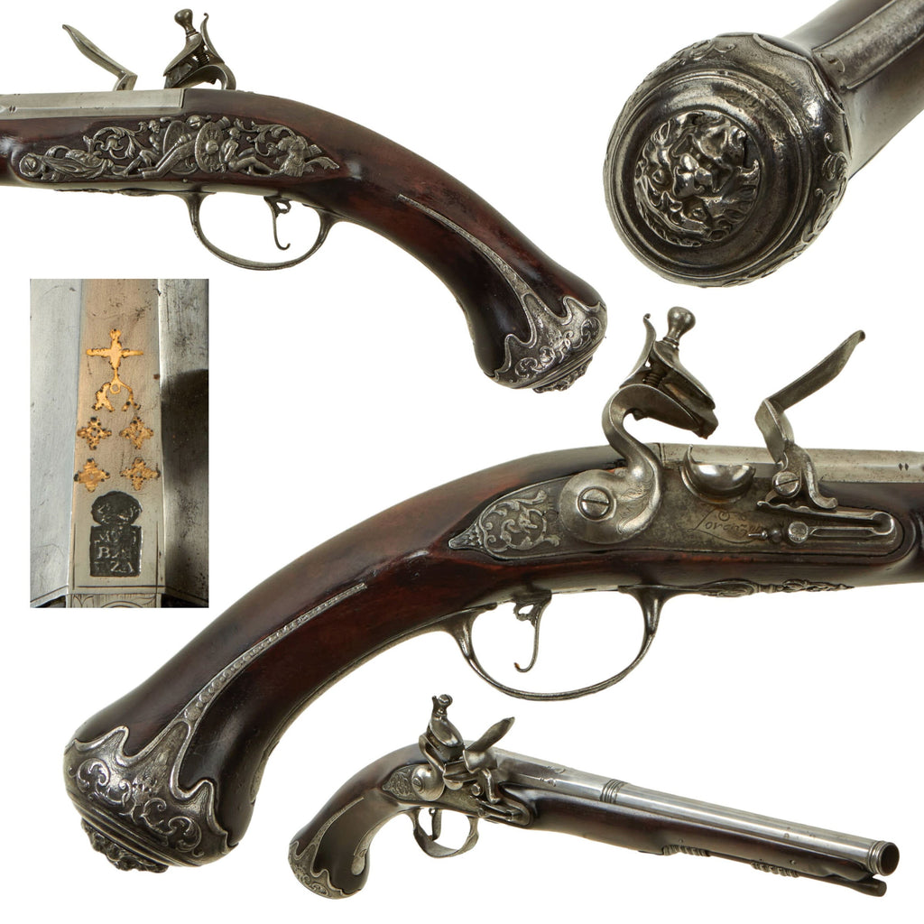 Original 18th Century Italian Flintlock Pistol by Michele Lorenzoni of Florence with Intricate Embossed Iron Mountings and Grotesque Butt Cap - circa 1720 Original Items