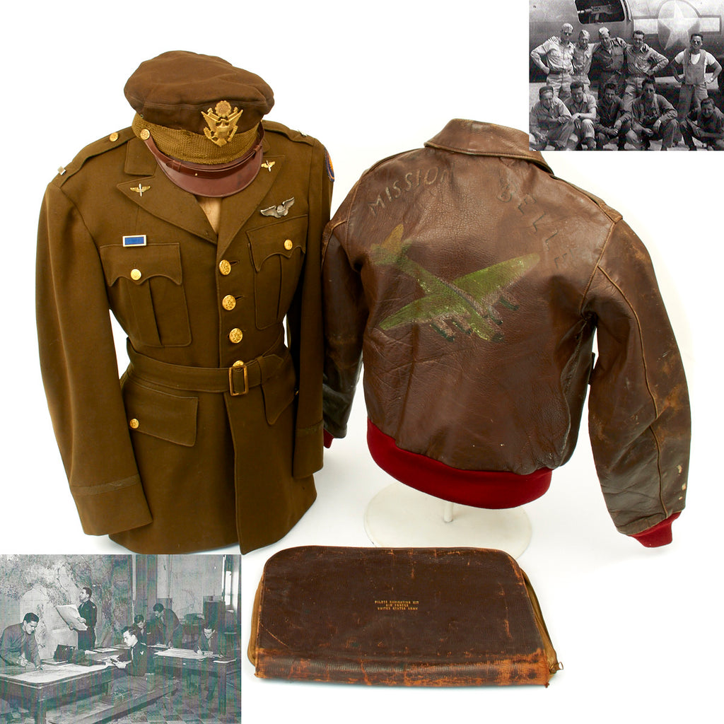Original U.S. WWII B-17 Mission Belle Distinguished Flying Cross Navigator Harry Larson’s Painted A2 Flight Jacket, Uniform, and Pilot’s Navigation Kit with Packet of Research - 885th Bomb Squadron, 2641st Special Operations Group Original Items