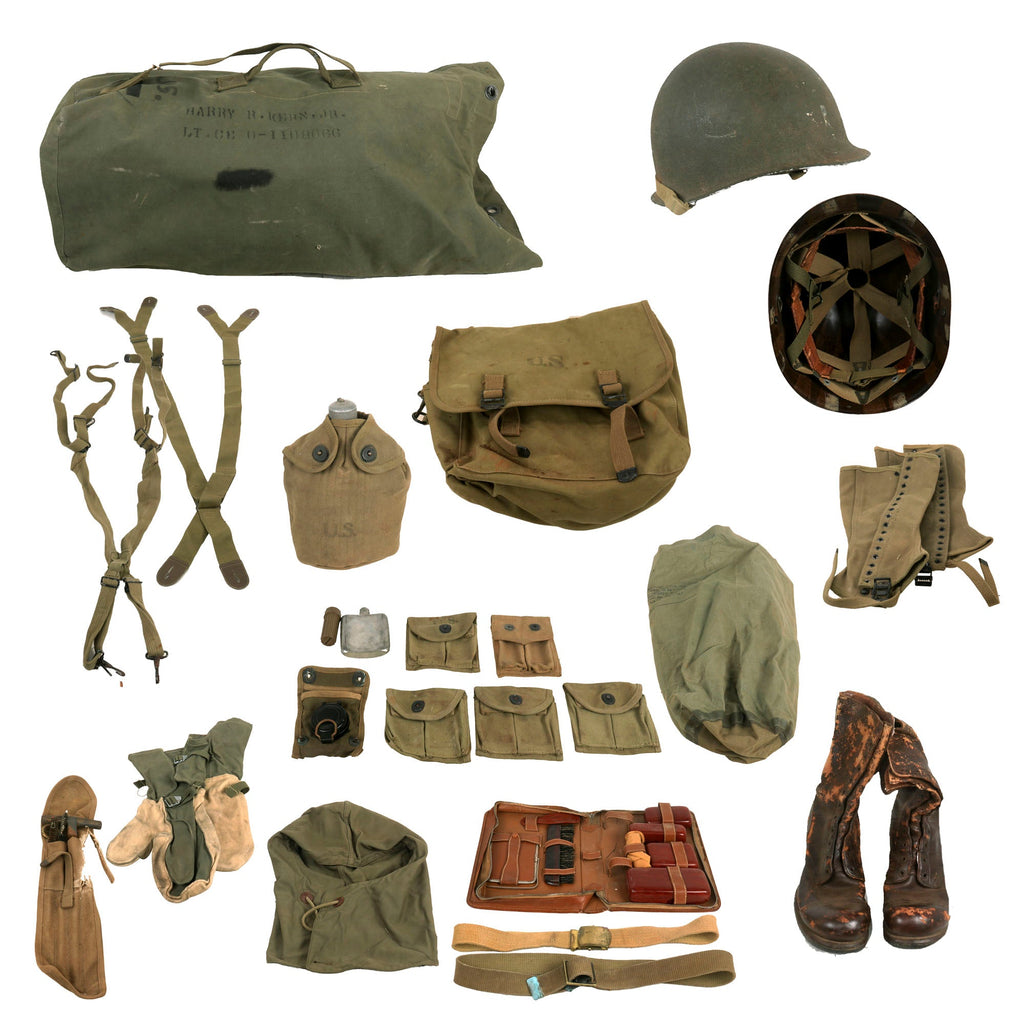 Original U.S. WWII Large Field Equipment Grouping For OSS Captain Harry R. Kern Jr. Featuring M1 McCord Paratrooper Helmet and Jump Boots Original Items