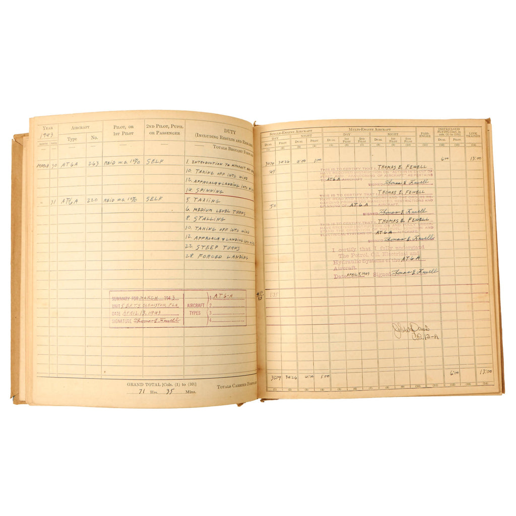 Original U.S. WWII Army Air Force Pilot’s Flying Log Book Named to Distinguished Flying Cross Recipient Thomas E. Fewell Original Items