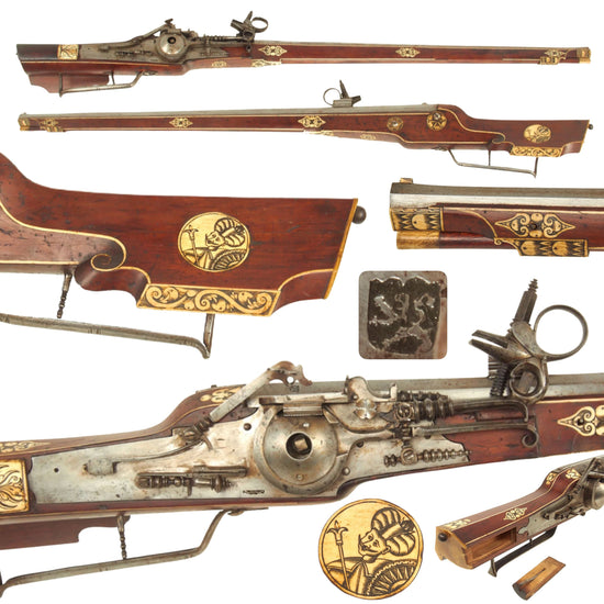 Original Circa 1580 German Combination Wheellock Matchlock Gun with Engraved Inlaid Staghorn Original Items