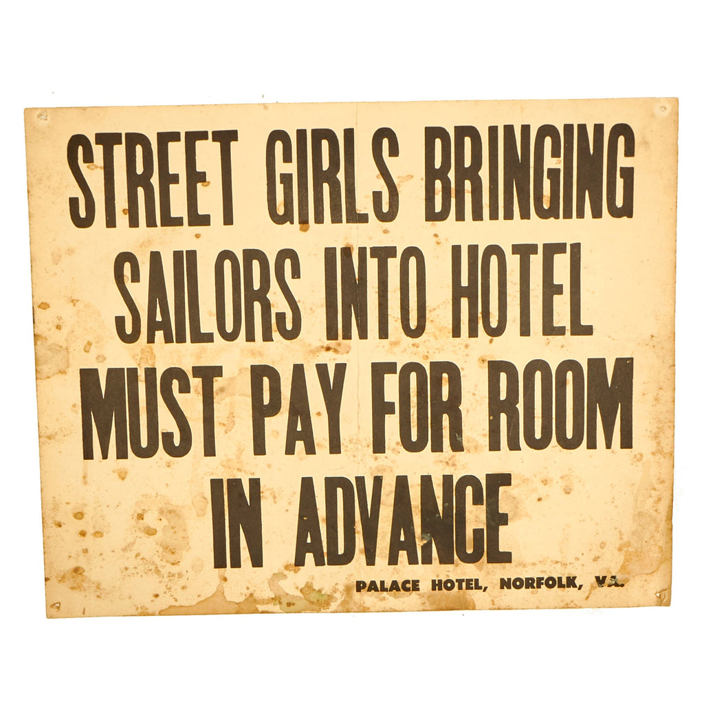 Original U.S. WWII Era Palace Hotel Norfolk, Virginia “Street Girls” Paper Sign - 14” x 11” Original Items