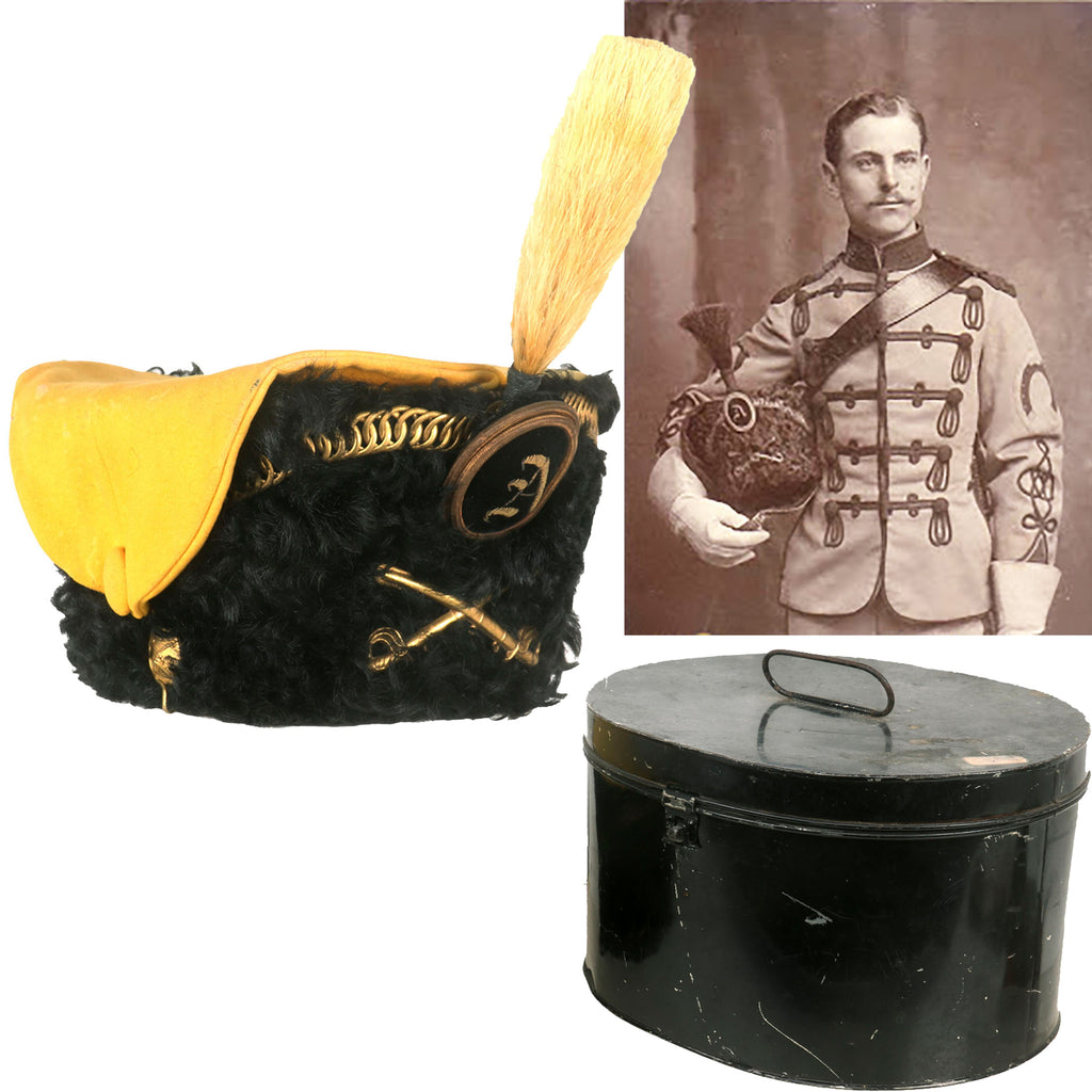 Original U.S. Late 19th Century New York Hussars Squadron A Astrakhan Busby Hat with Plume by Warnock Uniform Co. with Transit Tin Original Items