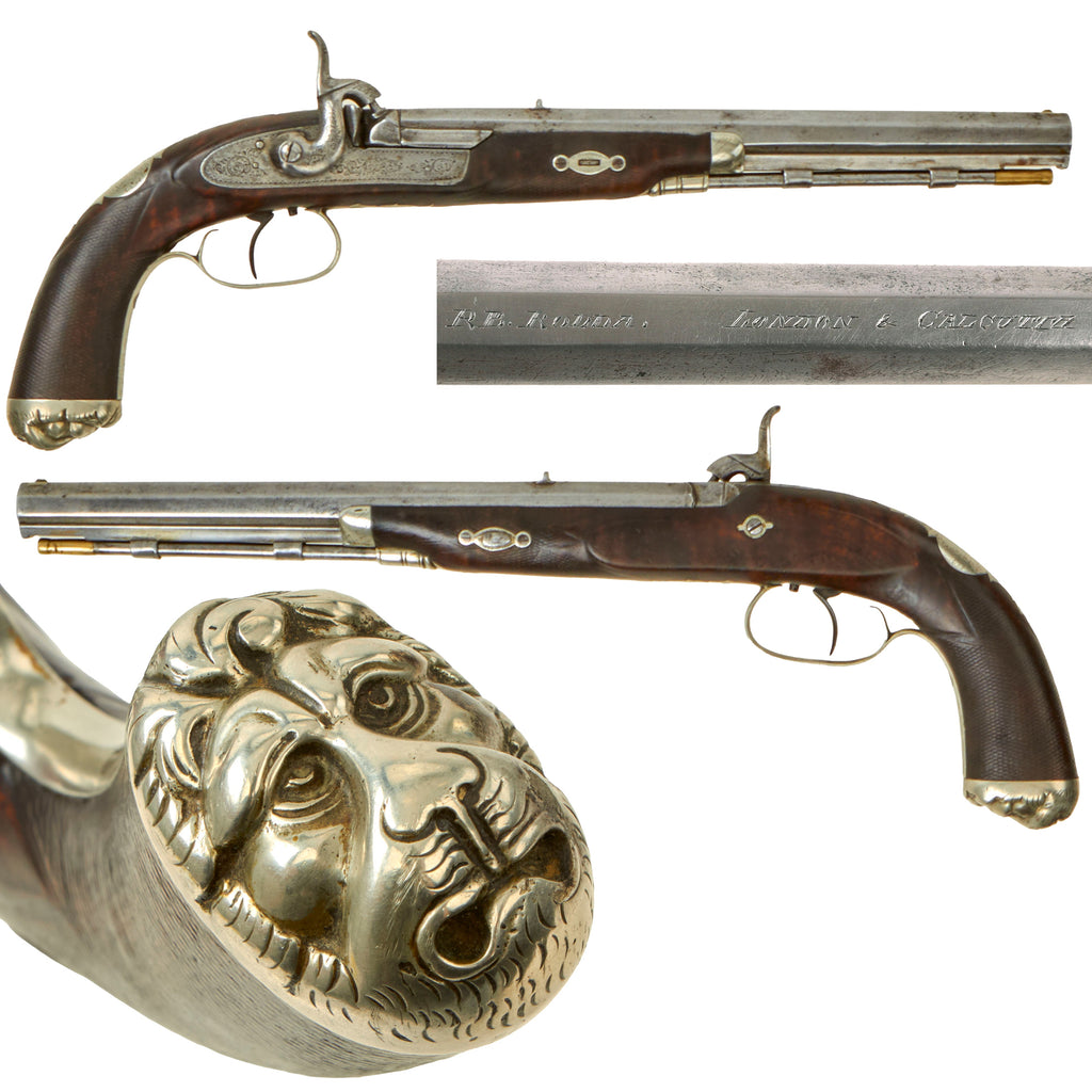 Original British Circa 1830 Rifled Percussion Pistol Sold by R.B. RODDA LONDON & CALCUTTA with Silver Lion Head Pommel Original Items