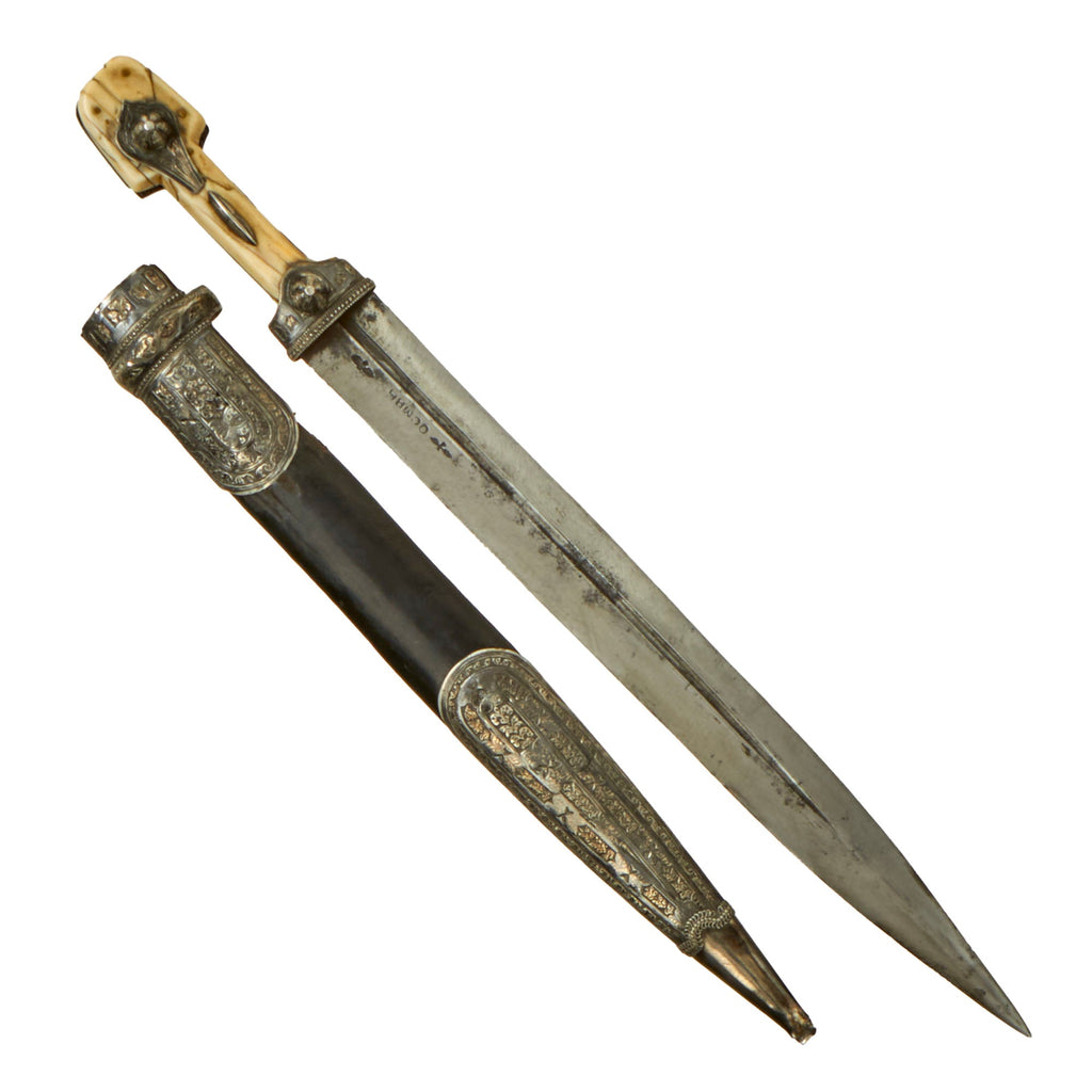 Original Cossack Kindjal Dagger with Signed Blade & Silver Mounted Scabbard with Niello - Horn Grip - Circa 1850 Original Items