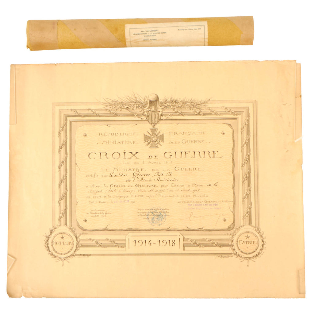 Original U.S. WWI USMC Croix de Guerre Certificate Named to Marine KIA at Soissons in Original Shipping Tube - Fred Byron Gruver - 2x Silver Star Recipient Original Items