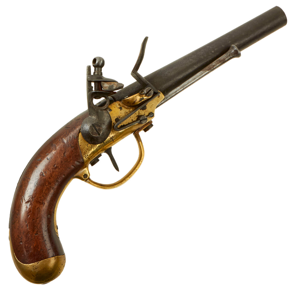 Original French Modèle 1777 Brass Frame Flintlock Cavalry Pistol by Maubeuge Arsenal with Intact Belt Hook - Circa 1780 Original Items
