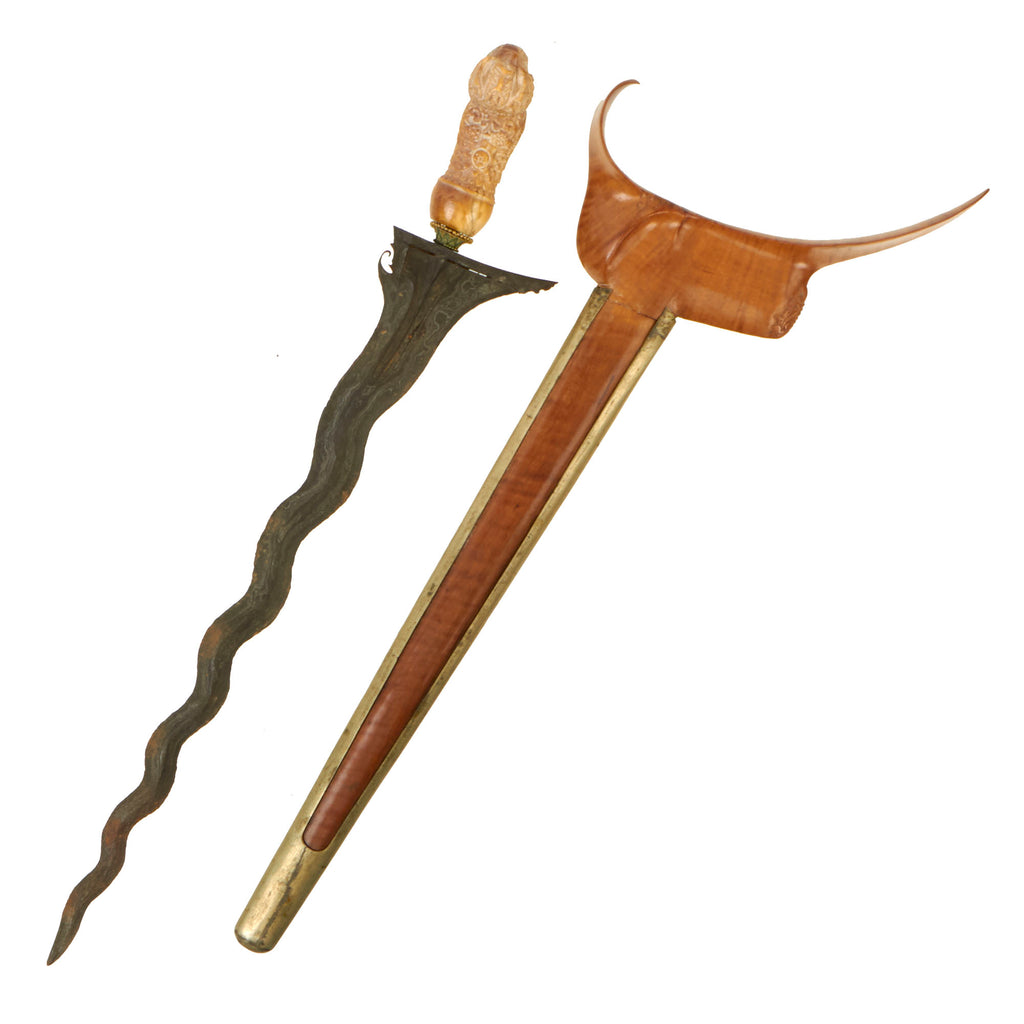 Original Indonesian Kris Dagger from the Island of Madura with Carved Hippo Tusk Handle & Flamed Wood Scabbard - Circa 1820 Original Items
