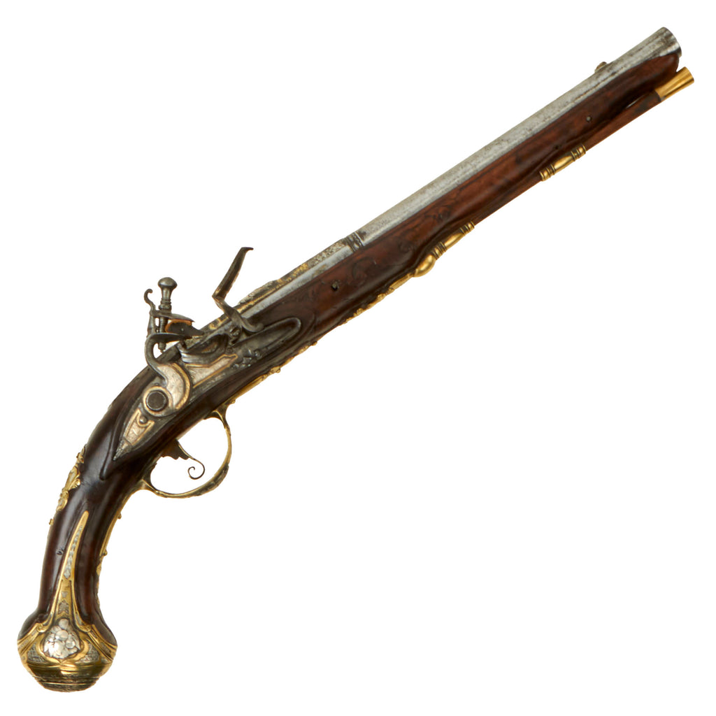 Original 18th Century Silver and Brass Inlaid Italian Flintlock Pistol by Giulio Stornat of Brescia with Carved Stock - Circa 1730 Original Items