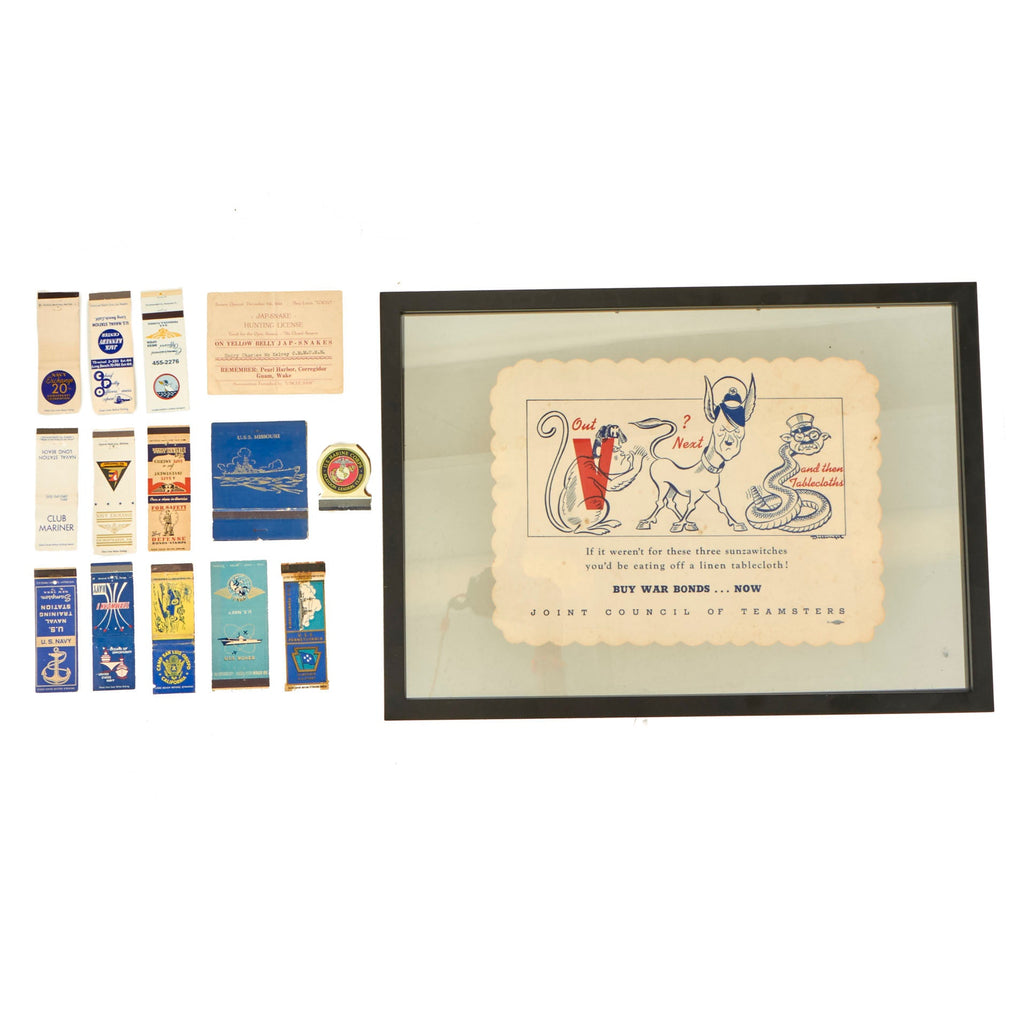 Original U.S. WWII Propaganda Item & Matchbook Lot - Framed Placemat & Jap Hunting License Original Items