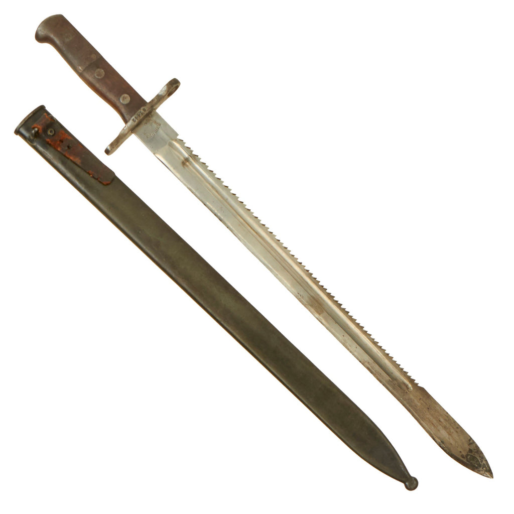 Original WWI Swiss Model 1914 Pioneer Sawback Sword Bayonet by Waffenfabrik Neuhausen with Scabbard Original Items