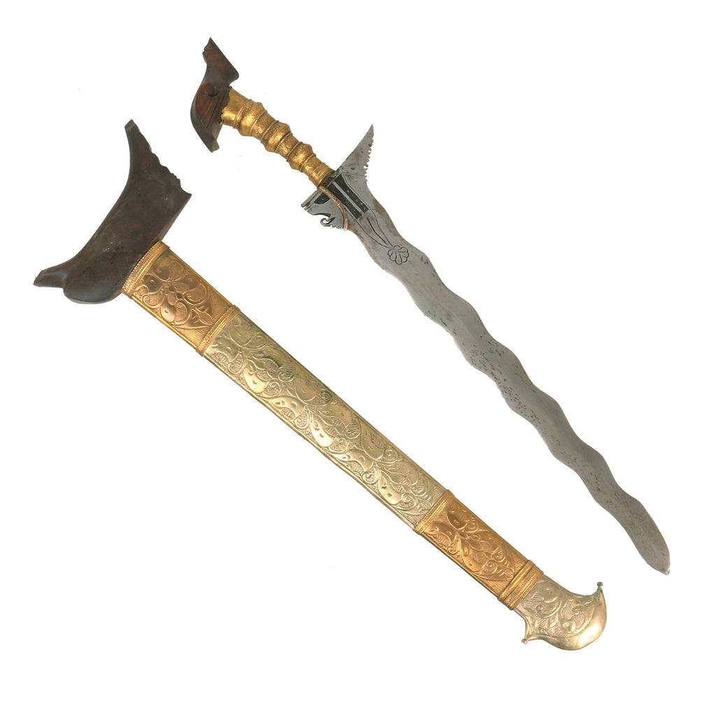 Original 19th Century Philippine Moro Kris Wavy Blade Short Sword with Embossed Metal Clad Scabbard Original Items