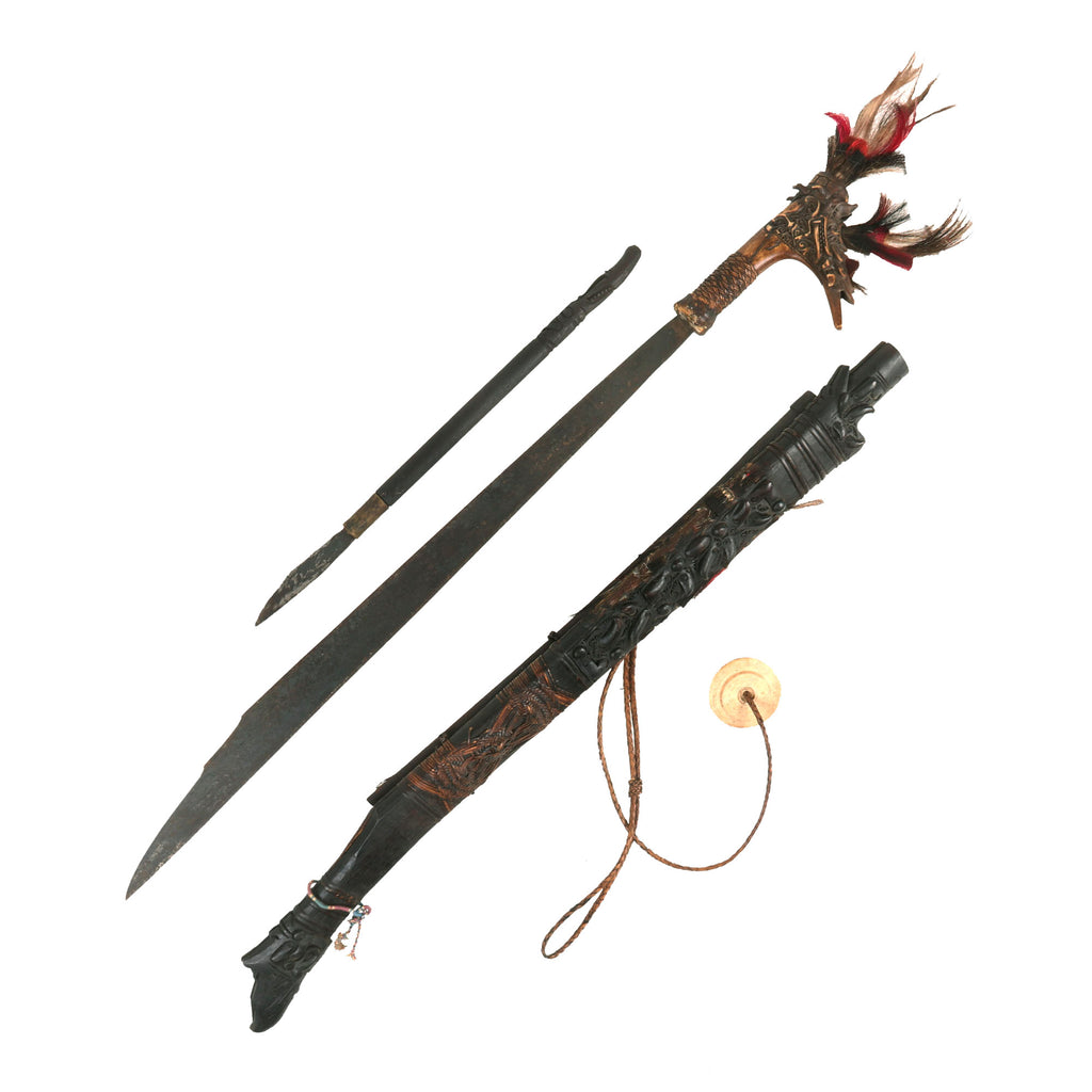 Original 19th Century Borneo Dayak Headhunters Mandau with Pisau Raout Knife & Wooden Scabbard Original Items