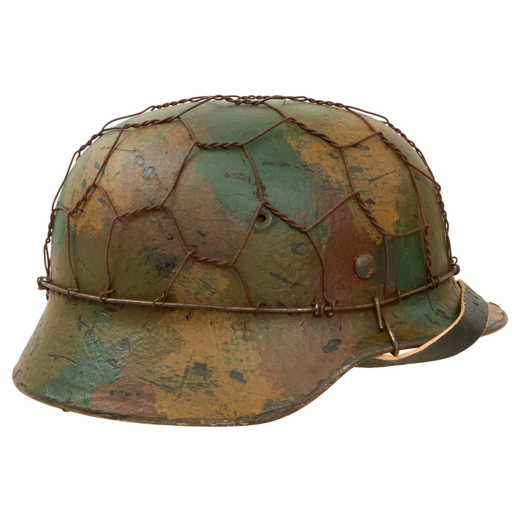 Original German WWII M40 Refurbished 12th SS Panzer HJ at Caan & Falaise Chicken Wire Camouflage Helmet - Stamped EF66 Original Items
