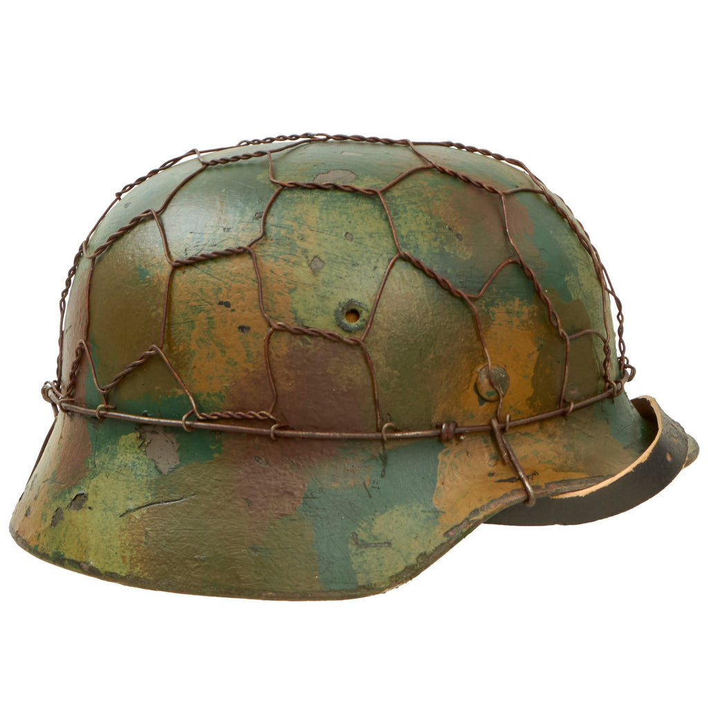 Original German WWII M40 Refurbished Chicken Wire Normandy Camouflage SS Helmet - Stamped EF66 Original Items