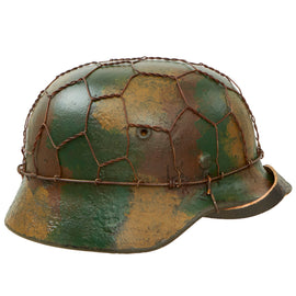 Original German WWII M40 Refurbished Chicken Wire Half Basket Normandy Camouflage SS Helmet - Stamped EF66