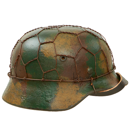 Original German WWII M40 Refurbished Chicken Wire Half Basket Normandy Camouflage SS Helmet - Stamped EF66 Original Items