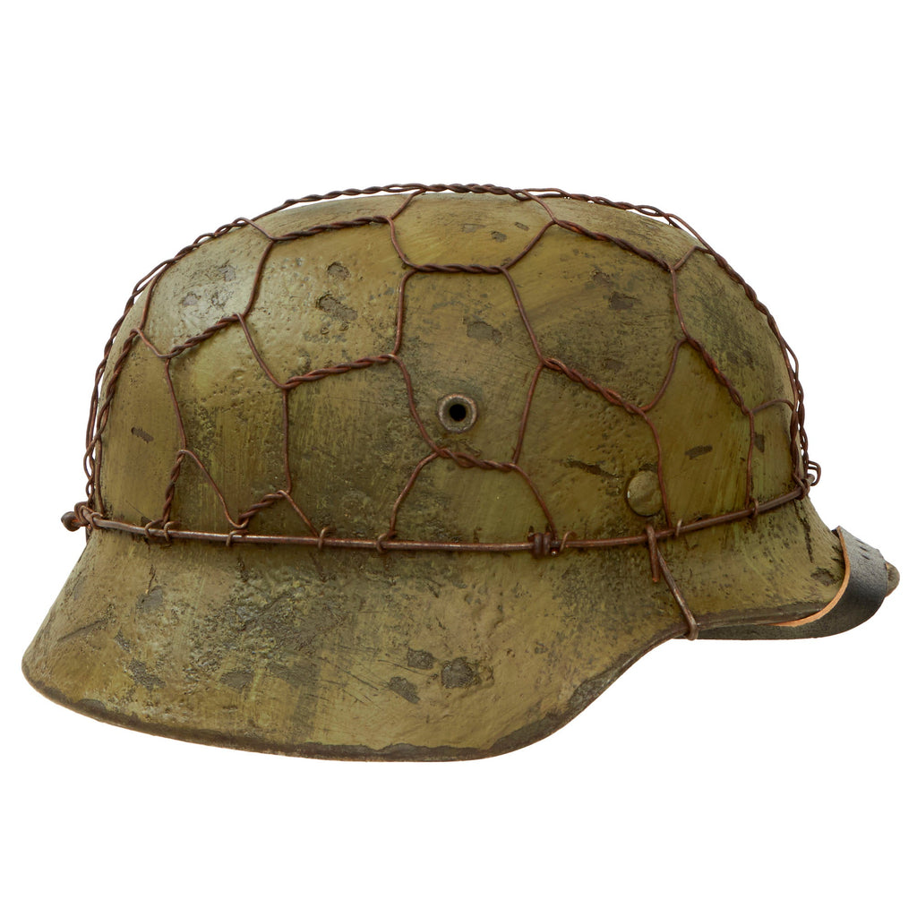 Original German WWII M40 Refurbished SS Battle of Kharkov Chicken Wire Half Basket Camouflage Helmet - Stamped EF68 Original Items
