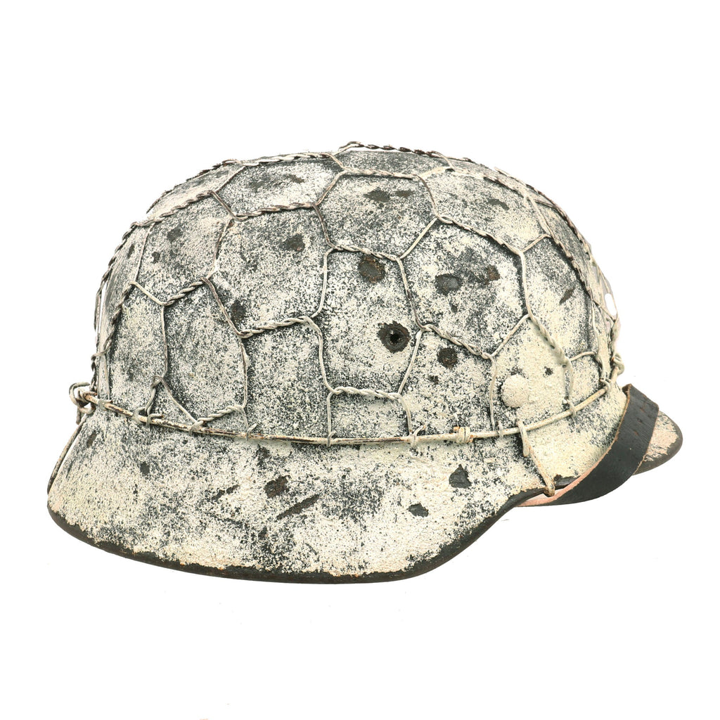Original German WWII Refurbished M40 SS Battle of Leningrad Textured Winter Camouflage Chicken Wire Helmet - Stamped EF66 Original Items