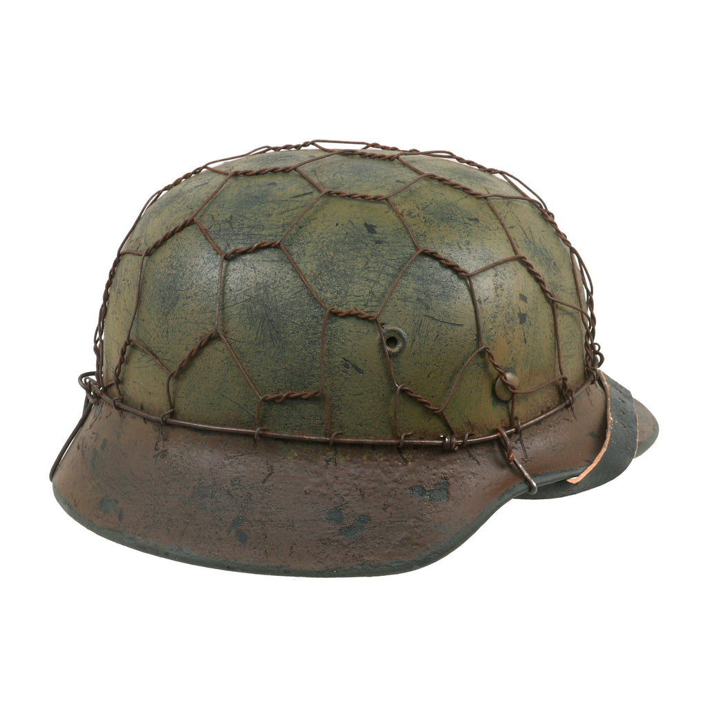 Original German WWII M40 Refurbished 16th SS Division at Anzio Italian Front Camouflage Chicken Wire Helmet - Stamped EF66 Original Items