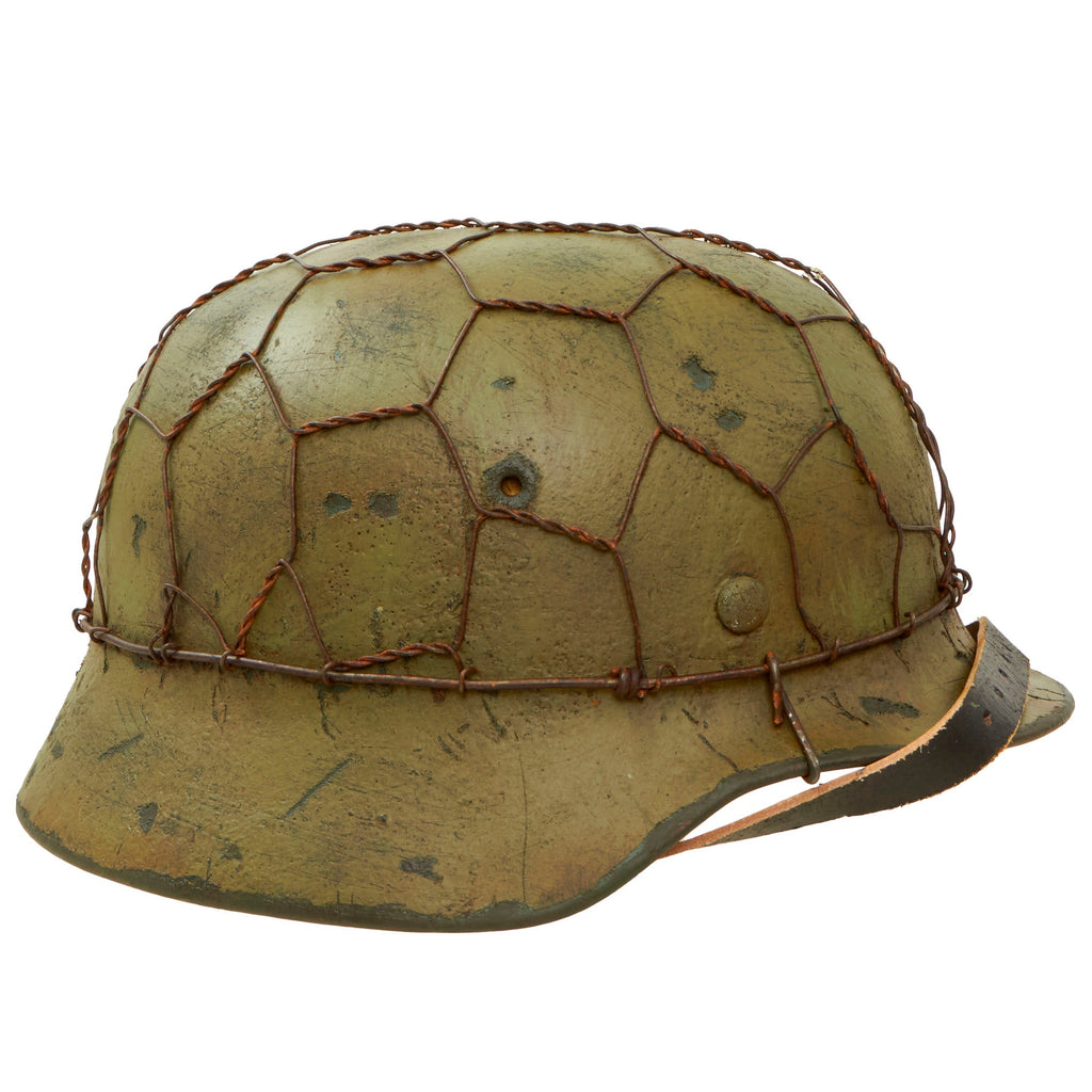 Original German WWII M40 Refurbished SS Battle of Kharkov Chicken Wire Half Basket Camouflage Helmet - Stamped EF66 Original Items