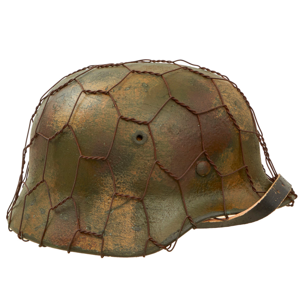 Original German WWII M40 Refurbished Chicken Wire Normandy Camouflage SS Helmet - Stamped EF66 Original Items